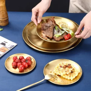 6Pcs Gold Stainless Steels Round Plate Rust-Proof Shallow Tray Plate Camping Plate BBQ Picnic Dishes Cookware - Image 4