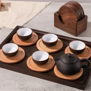 6pcs/set Walnut Wood Coasters Placemats Decorative Round Insulated Japanese Beverage Coasters Home Decor - Image 4