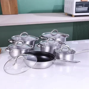 12-piece Non-stick Cookware Set Premium Stainless Steel Pots and Pan Set Household Cooking Pots Frying Pan with Glass Cover - Image 2
