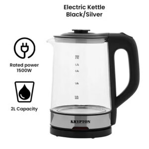 KRYPTON Electric Cordless Glass Kettle with Boil Dry Protection, Detachable Power Base, Auto Shut Off, Fast Boil & Easy to Clean and Ideal for Hot Water, Tea or Coffee 2 L 1500 W KNK6221 Black/Silver - Image 10
