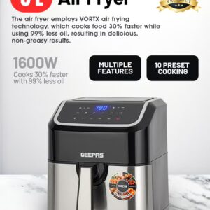 GEEPAS Digital Air Fryer - Equipped With Vortx Air Frying Technology| Oil Free Cooking Digital Display With Touch Screen| 10 Preset Cooking Modes, 1-60 Minutes Timer| Ideal For Making Fries, Steak, Chicken, Cake, Meat, Bread Etc 5 L 1600 W GAF37527 Black - Image 3