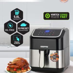 GEEPAS Digital Air Fryer - Equipped With Vortx Air Frying Technology| Oil Free Cooking Digital Display With Touch Screen| 10 Preset Cooking Modes, 1-60 Minutes Timer| Ideal For Making Fries, Steak, Chicken, Cake, Meat, Bread Etc 5 L 1600 W GAF37527 Black - Image 7