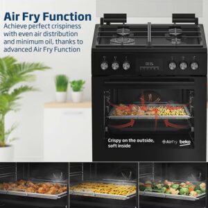 Beko 60x60cm Free standing Combination Cooker(Gas Hob/Oven Electric),Full safety, 4 High Efficiency Gas Burner, Airfry Function,Conventional fan oven,72 liters Oven,Cast iron pan support FBMT61331XCSL Black - Image 3