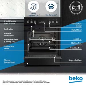 Beko 60x60cm Free standing Combination Cooker(Gas Hob/Oven Electric),Full safety, 4 High Efficiency Gas Burner, Airfry Function,Conventional fan oven,72 liters Oven,Cast iron pan support FBMT61331XCSL Black - Image 9