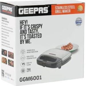 GEEPAS Portable Powerful 2 Slice Grill Maker with Non-Stick Coated Plates With Safety Locks, Stainless Steel, Cool Touch Handle & Skid- Resistant Feet, Power On & Ready Light Indicators 750 W GGM6001 Black/Grey - Image 2