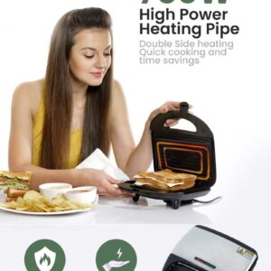 GEEPAS Portable Powerful 2 Slice Grill Maker with Non-Stick Coated Plates With Safety Locks, Stainless Steel, Cool Touch Handle & Skid- Resistant Feet, Power On & Ready Light Indicators 750 W GGM6001 Black/Grey - Image 7