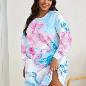 Plus Size Mini Dress Spring Summer Women Tie Dye Long Sleeve Crew Neck Split Casual Chic Loungewear Home Daily Dress - Image 1