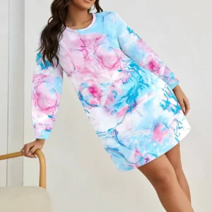 Plus Size Mini Dress Spring Summer Women Tie Dye Long Sleeve Crew Neck Split Casual Chic Loungewear Home Daily Dress - Image 4