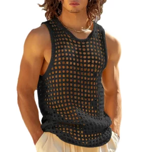 Men's Summer Tank Tops Hollow Out Casual Solid Cool Stylish Crew Neck Sleeveless T-Shirt Holiday Beach Cover Up - Image 3