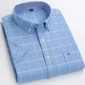 100% Cotton Breathable Men Oxford Short Sleeve Summer Plaid Striped Male Shirt Business Regular Fit Oversized Clothes - Image 3