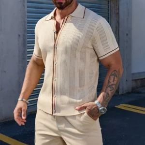Men's Short Sleeve Summer Fashion Retro Knit Lapel Top Solid Color Soft Breathable Light Polo Knitwear Men US Size - Image 7