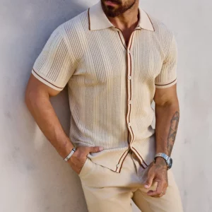 Men's Short Sleeve Summer Fashion Retro Knit Lapel Top Solid Color Soft Breathable Light Polo Knitwear Men US Size - Image 3