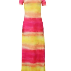 Dress Women's One-Shoulder Off-The-Shoulder Tie-Dye Pink Yellow Short Sleeve Bodycon Maxi Dress Summer Party Style - Image 4
