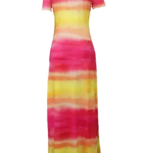 Dress Women's One-Shoulder Off-The-Shoulder Tie-Dye Pink Yellow Short Sleeve Bodycon Maxi Dress Summer Party Style - Image 3