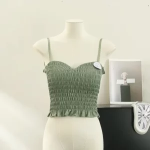 Sexy Skinny Crop Tops Woman 2023 Elegant Spaghetti Strap Chic Women’s Tanks and Camis Pleated Tank Top Built In Bra Dropshipping - Image 2