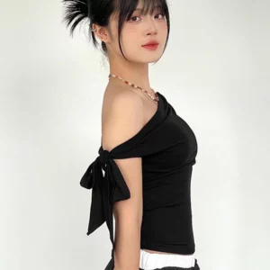 2025 Women'S Summer Ins Style New Shrink Pleated One-Shoulder Crop Top Backless Twist Tie Asymmetric T-Shirt Casual Top - Image 3