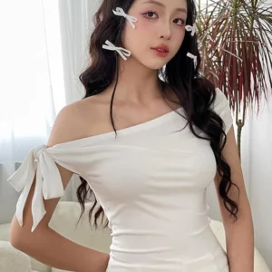 2025 Women'S Summer Ins Style New Shrink Pleated One-Shoulder Crop Top Backless Twist Tie Asymmetric T-Shirt Casual Top - Image 5