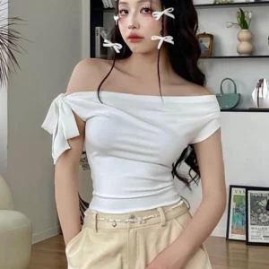 2025 Women'S Summer Ins Style New Shrink Pleated One-Shoulder Crop Top Backless Twist Tie Asymmetric T-Shirt Casual Top - Image 6