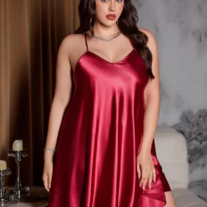 Plus Size solid color simple Fashion Elegant V-neck Nightgown for Women - Image 6