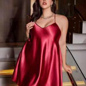 Plus Size solid color simple Fashion Elegant V-neck Nightgown for Women - Image 4
