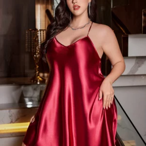 Plus Size solid color simple Fashion Elegant V-neck Nightgown for Women - Image 3