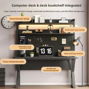 Computer Desk with Bookshelf, Carbon Fiber Desktop Home Office Study Table, Hole Board Storage Writing Desk Gaming Workstation - Image 2