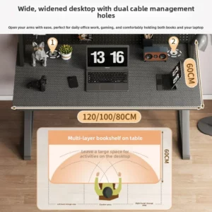 Computer Desk with Bookshelf, Carbon Fiber Desktop Home Office Study Table, Hole Board Storage Writing Desk Gaming Workstation - Image 3