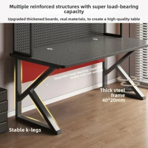 Computer Desk with Bookshelf, Carbon Fiber Desktop Home Office Study Table, Hole Board Storage Writing Desk Gaming Workstation - Image 4