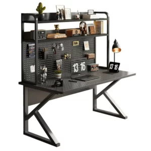 Computer Desk with Bookshelf, Carbon Fiber Desktop Home Office Study Table, Hole Board Storage Writing Desk Gaming Workstation - Image 5