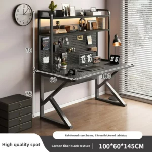 Computer Desk with Bookshelf, Carbon Fiber Desktop Home Office Study Table, Hole Board Storage Writing Desk Gaming Workstation - Image 6