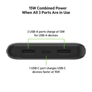 belkin 10000mAh BoostCharge Power Bank - 15W Fast Charger 1x USB C, 2x USB A ports For Apple iPhone 16/15 Or Older, Google, Samsung, Huawei, iPad Pro/iPad Mini - Matte Black - Image 5