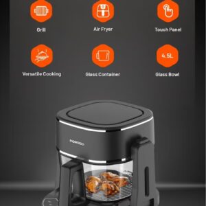 porodo Air Fryer and Electric Grill 2 in 1 Machine with Looking through Basket / Airfryer 4.5L with 8 Preset Programs / Washable Glass Container / No Pre-Heat Needed / Oil-Free Crispy And Healthy Cooking / Temperature Control - Black - Image 3