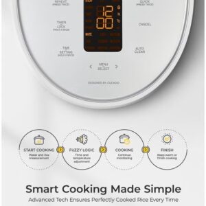 CUCKOO Micom Rice Cooker, 6-Cup (1.08L) with Smart Touch Screen, 13 Menus for Quinoa, Oatmeal, Brown Rice & Grains, White - Image 4