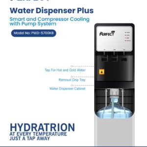Perfect Bottom Load Water Dispenser PWD-5700KB, Floor Standing Hot Cold & Ambient Water Cooler, Smart Compressor Cooling, 5L Bottle Compatible, 580W, Black/Grey - Image 9