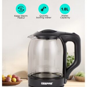 GEEPAS 1.8 liter Electric Glass Kettle| Boil Dry Protection and Automatic Cut-Off | Perfect for Boiling Water, Milk, Tea| 1500 W Cool Touch Handle, Rotational Base, and Easy Clean Wide Opening| 2 Years Warranty 1.8 L 1500 W GK9901B Black/Clear - Image 5