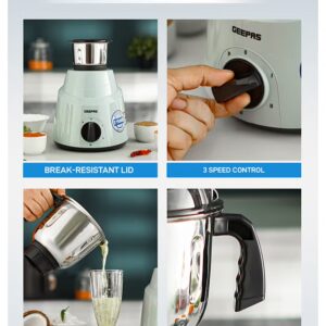 GEEPAS 3 In 1 Mixer Grinder, Powerful Copper Motor Double Ball Bearing, 3 Speed Setting With Incher, Motor Overheat Protection Resettable Fuse, Tetra Flow Technology For Fast Grinding 3 L 800 W GSB44100 White & Silver - Image 6