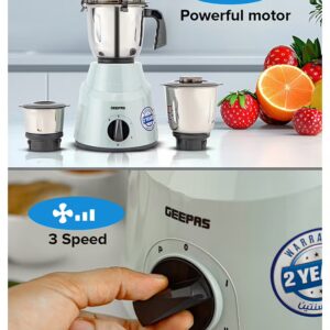 GEEPAS 3 In 1 Mixer Grinder, Powerful Copper Motor Double Ball Bearing, 3 Speed Setting With Incher, Motor Overheat Protection Resettable Fuse, Tetra Flow Technology For Fast Grinding 3 L 800 W GSB44100 White & Silver - Image 4