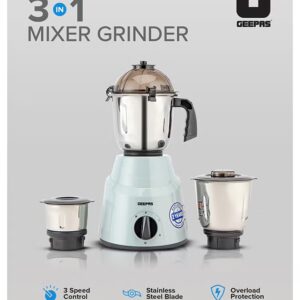 GEEPAS 3 In 1 Mixer Grinder, Powerful Copper Motor Double Ball Bearing, 3 Speed Setting With Incher, Motor Overheat Protection Resettable Fuse, Tetra Flow Technology For Fast Grinding 3 L 800 W GSB44100 White & Silver - Image 2