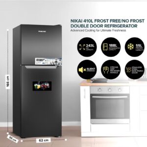 NIKAI 410L Gross/ 243L Net, No-Frost Double Door Refrigerator with Vegetable Crisper & Adjustable Glass Shelves, Temperature Control, Lock And Key, CFC Free, Silent Operation, Energy Saving R600A, Best For Home, Office & Hotels NRF410FSS Grey - Image 8
