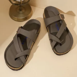 Mens Women's Pu Leather Clogs Slip-on Cork Flip Flops Open Toed Sandals Soft Health Footbed Slides Outdoor Beach Flip Flops - Image 1