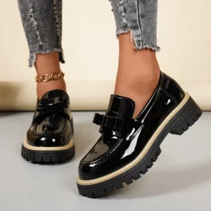 Women's Black Loafers Women's Thick Heel Chain Single Shoes Round Head Versatile High Heel Small Leather Shoes Autumn New Style - Image 2