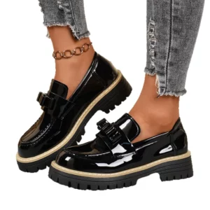 Women's Black Loafers Women's Thick Heel Chain Single Shoes Round Head Versatile High Heel Small Leather Shoes Autumn New Style - Image 4