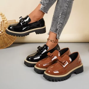 Women's Black Loafers Women's Thick Heel Chain Single Shoes Round Head Versatile High Heel Small Leather Shoes Autumn New Style - Image 5