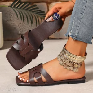 2026 Summer Women's Brown Braided Flat Sandals Open Toe Non-slip Casual Beach Slippers - Image 5