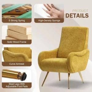 Upholstered Accent Chair, Chenille Armchair Living Room Chair with Thick Cushion&Golden Metal Legs, Comfy Reading Chair - Image 4