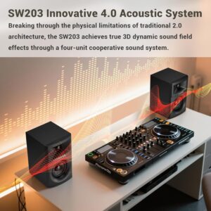 Sanyun SW203 4.0 Computer Speakers - 60W 4-Way DSP Control 3D Immersive Sound - 3" Carbon Fiber Woofer & 20mm Silk Dome Tweeter - 24bit DAC USB/Bluetooth 5.4/AUX - Studio-Grade Audio (Pair, Black) - Image 6