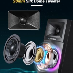 Sanyun SW203 4.0 Computer Speakers - 60W 4-Way DSP Control 3D Immersive Sound - 3" Carbon Fiber Woofer & 20mm Silk Dome Tweeter - 24bit DAC USB/Bluetooth 5.4/AUX - Studio-Grade Audio (Pair, Black) - Image 7