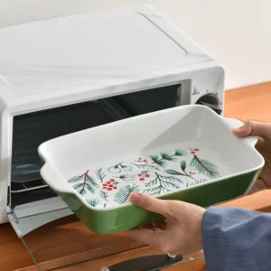 Texture Green Au Gratin Dishes Plants Print Double Ear Rectangle Ceramic Plates 1600ML Cake Bread Baking Tray Durable Tablewares - Image 2