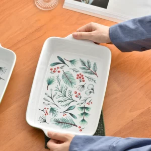 Texture Green Au Gratin Dishes Plants Print Double Ear Rectangle Ceramic Plates 1600ML Cake Bread Baking Tray Durable Tablewares - Image 4