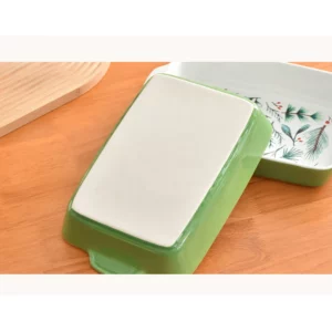 Texture Green Au Gratin Dishes Plants Print Double Ear Rectangle Ceramic Plates 1600ML Cake Bread Baking Tray Durable Tablewares - Image 5